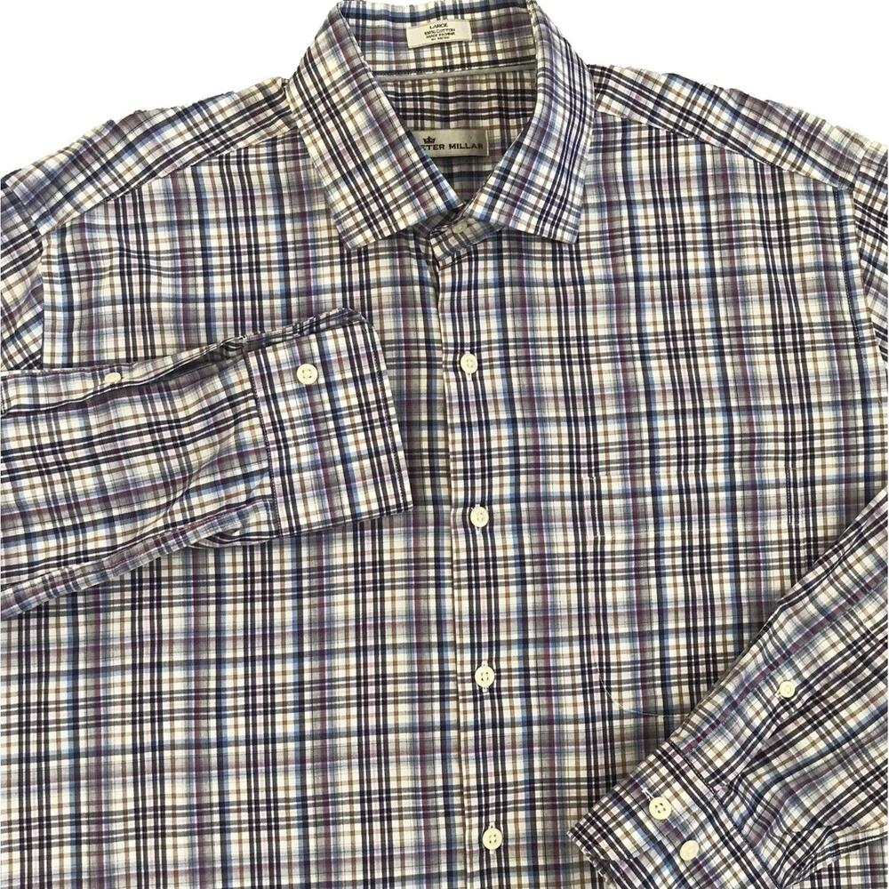 Peter Millar Button Up Shirt Mens Large Tattersall Plaid Long Sleeve 100% Cotton